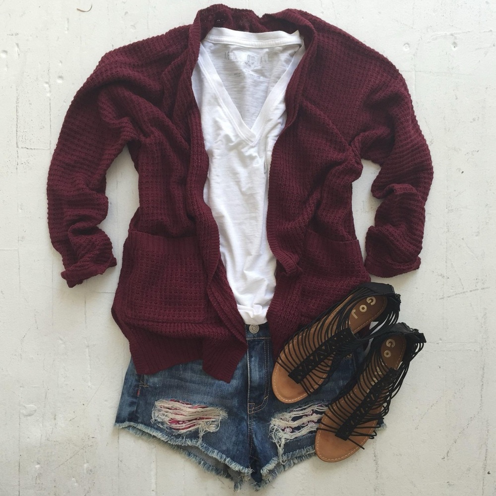 Aeropostale Oversized Open Front Burgundy Waffle Knit Cardigan Sweater | Size: M - Picture 2 of 12